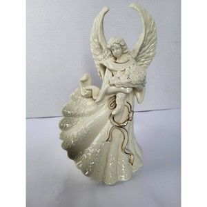 Palm Tree White Angel Cherub Figurine With Flower Gold Accent Porcelain Ceramic